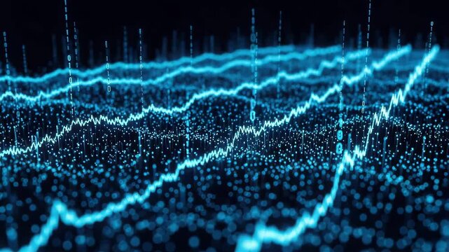 Abstract blue digital data streams and binary code flowing in a futuristic network