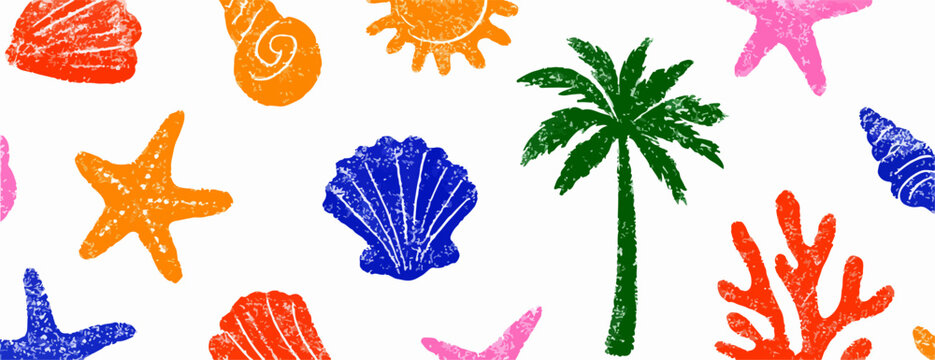 Un vibrante motivo estivo senza soluzione di continuit&agrave;, con elementi marini stilizzati e colorati che richiamano la gioia delle vacanze al mare.