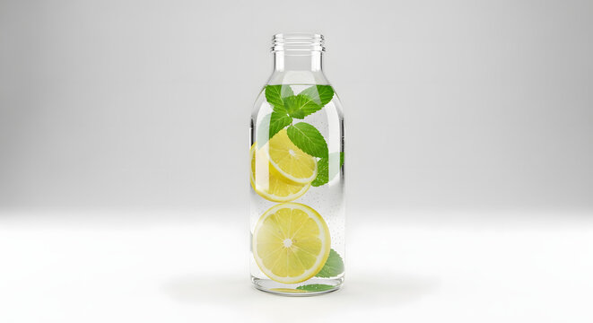 A refreshing bottle of water infused with fresh lemon and mint leaves, offering a healthy and hydrating beverage option