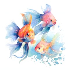 Fototapeta premium Three goldfish with flowing fins in a watercolor style