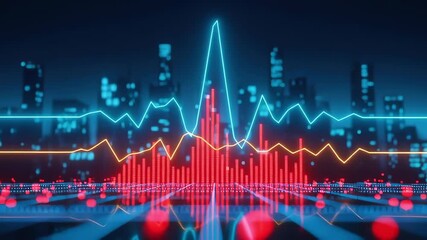 A futuristic data visualization neon city skyline glowing graph financial chart pulse line analytics technology dashboard night abstract urban skyline digital grid stock market investment volatility - Powered by Adobe