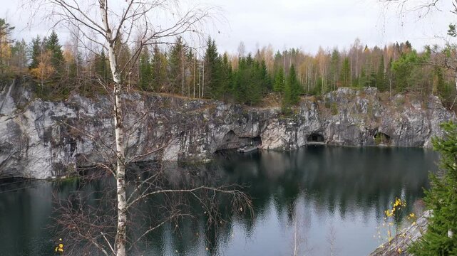 Landmark of Russia. Mountain park Ruskeala at autumn season. Marble canyon in Sortavala region of Republic of Karelia