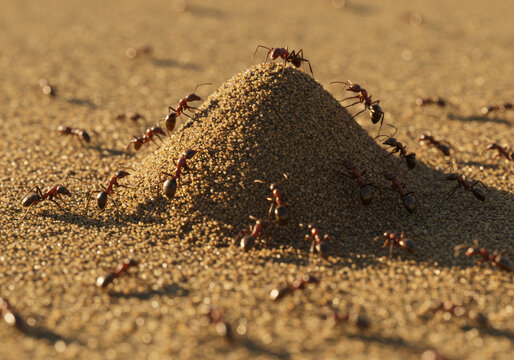 Ants working together building a sand hill in the desert.