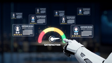 A futuristic dashboard showcasing customer satisfaction metrics, featuring a robotic hand pointing...