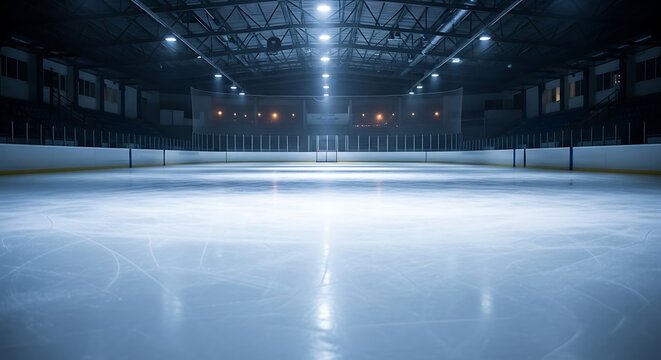 Ice Arena Under the Lights: An empty ice arena gleams under the bright lights, the vast expanse of the rink offering a sense of space and possibility.