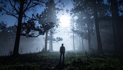 A mysterious man standing alone in a dark, fog-covered forest at night, surrounded by eerie trees and a haunting mist.