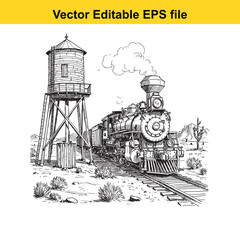 Vector art of old steam locomotive at a water tower on a railway line in a dry landscape