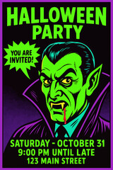Halloween invitation with retro comic style vampire, neon colors, and bold layout