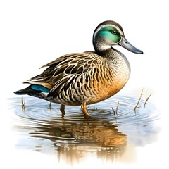 Fototapeta premium Teal-colored duck standing in shallow water