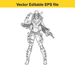 Vector art of vector illustration of a female cowboy with a gun and hat