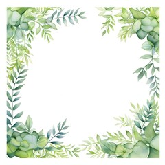 Watercolor greenery border: lush leaves and succulents frame