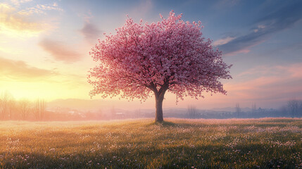 Fototapeta premium Picturesque cherry blossom tree in full bloom stands alone in misty field at sunrise, casting peaceful and serene atmosphere with soft pink flowers and golden light