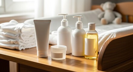 Baby Care Products on Wooden Table in Bright Nursery Setting