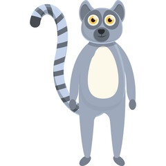 Cute Ring Tailed Lemur Cartoon Character Standing on Transparent Background with Grey Fur Yellow Eyes and Striped Tail Simple Flat Design