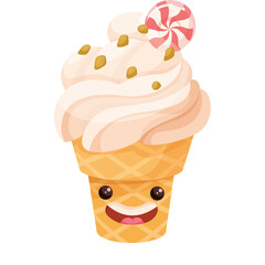 Cute Pink Ice Cream Cone With A Happy Face And A Swirl Of Whipped Cream Topped With A Lollipop And Sprinkles On A Transparent Background