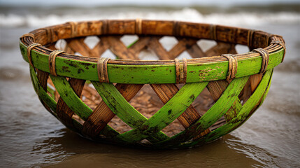 Obraz premium Traditional fishing basket rests on shore, showcasing its vibrant green color against backdrop of polluted waters