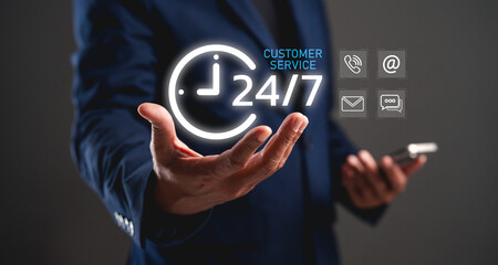 A professional person showcasing 24/7 customer service with digital icons, symbolizing constant support and communication.