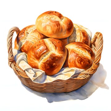 Golden-brown crusty rolls in a wicker basket