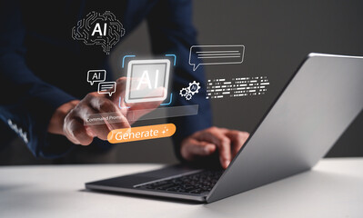 A person interacts with a laptop, engaging with AI-generated content through digital interface elements.