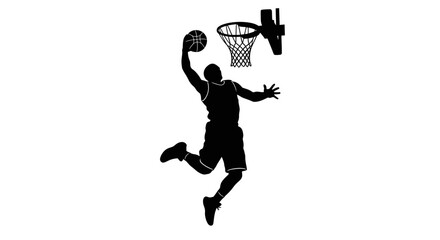 Black silhouette of a basketball player jumping to dunk a ball over a hoop
