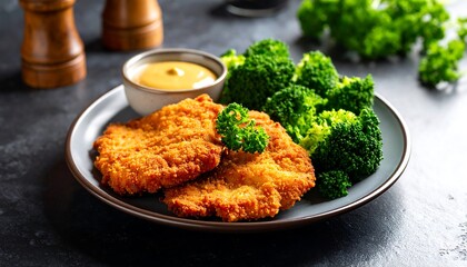 Crispy breaded cutlets with broccoli and mustard