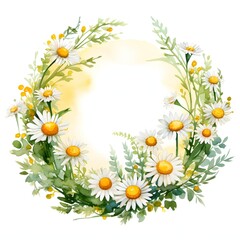 Fototapeta premium Watercolor wreath of daisies and greenery, perfect for spring or summer designs