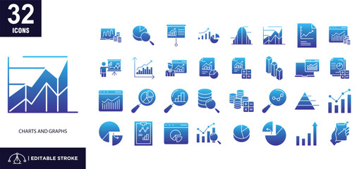  Charts and graphs glyph gradient icon set