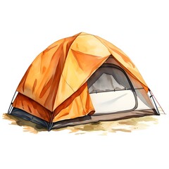Orange camping tent on a sandy ground, watercolor illustration