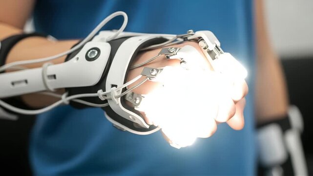 Closeup of a persons hand wearing a white robotic exoskeleton glove for rehabilitation or assistance