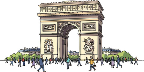 Arch Of Triumph Landmark Paris France With People Walking And Trees In Background Colorful Illustration Style