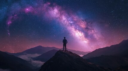 Fototapeta premium Milky Way arch and man on the mountain peak at starry night. Silhouette of alone guy, pink sky with bright stars in summer. Galaxy. Space background. Landscape with arched milky way. Travel and nature