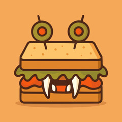 Flat vector of spooky sandwich with olive eyeballs, lettuce hair, and vampire teeth