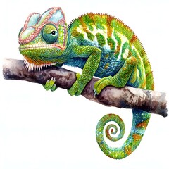 Obraz premium Vibrant chameleon perched on a branch, showcasing its intricate scales and striking colors