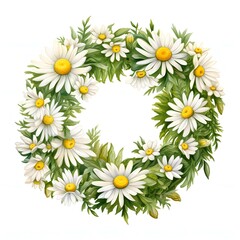Fototapeta premium Daisy wreath: a charming circular arrangement of white daisies and lush green foliage