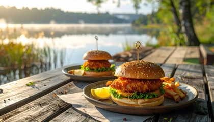 Fish fillet burgers with golden fries served on rustic plates by a peaceful lakeside.