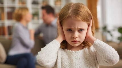 Child covering ears during parents' argument at home in the evening
