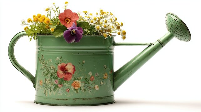 A vintage green watering can adorned with colorful flowers, showcasing a charming, floral display perfect for gardening enthusiasts.