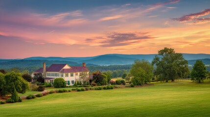 Naklejka premium Sunset over a beautiful countryside estate with vibrant skies and rolling hills in the background