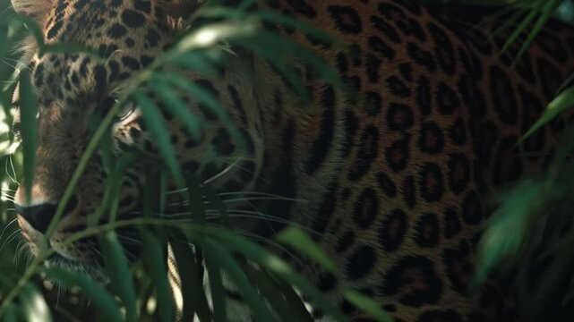 Leopard's intense gaze through lush jungle foliage, a captivating wildlife moment perfect for nature documentaries and conservation efforts