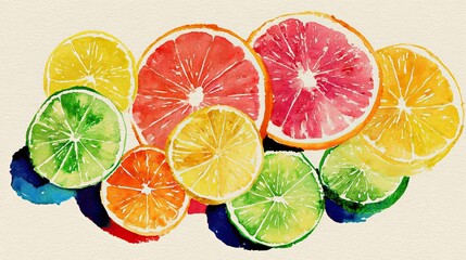 Fototapeta premium A vibrant watercolor illustration of various citrus fruits, including oranges, lemons, limes, and grapefruits, showcasing their colorful slices.
