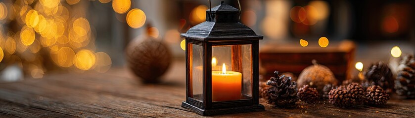 A cozy lantern with a flickering candle amidst festive decorations and pinecones, creating a warm, inviting ambiance.