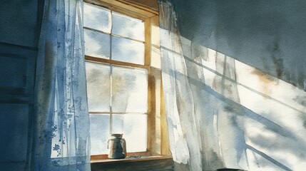 A serene watercolor painting of a sunlit window, featuring sheer curtains and a metallic jug, casting soft shadows across the room.