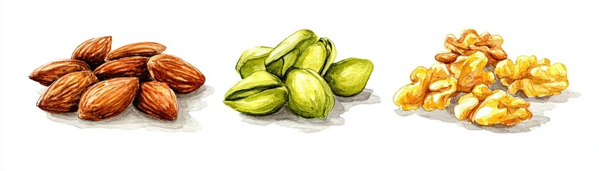 A colorful illustration featuring almonds, pistachios, and walnuts arranged in three distinct groups.