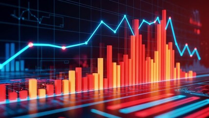 A dynamic data analytics chart and graph with bar and line visuals neon dashboard for finance and stock market insight, big data technology showcasing investment trading trend and digital market - Powered by Adobe