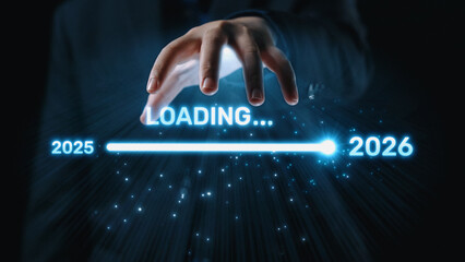 Visualizing the shift from 2025 to 2026. Progress bar symbolizing advancement, strategic foresight,...