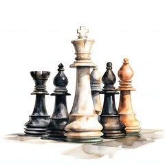 Fototapeta premium Watercolor painting of chess pieces on a board