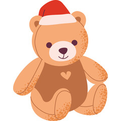 Cute Tan Teddy Bear Wearing a Red Santa Hat Sitting Down Wearing a Brown Shirt with a Heart Symbol and a Transparent Background