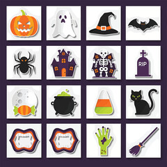 Halloween themed stickers featuring classic spooky elements arranged on a square grid against a dark purple backdrop, creating a festive and playful atmosphere.