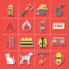 Firefighting equipment displayed on red surface, showcasing tools like hydrant, axe, hose, and extinguisher, creating a sense of safety and readiness.
