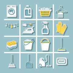 Various cleaning supplies arranged neatly against a light blue surface, representing household chores and hygiene in a clean and organized manner.